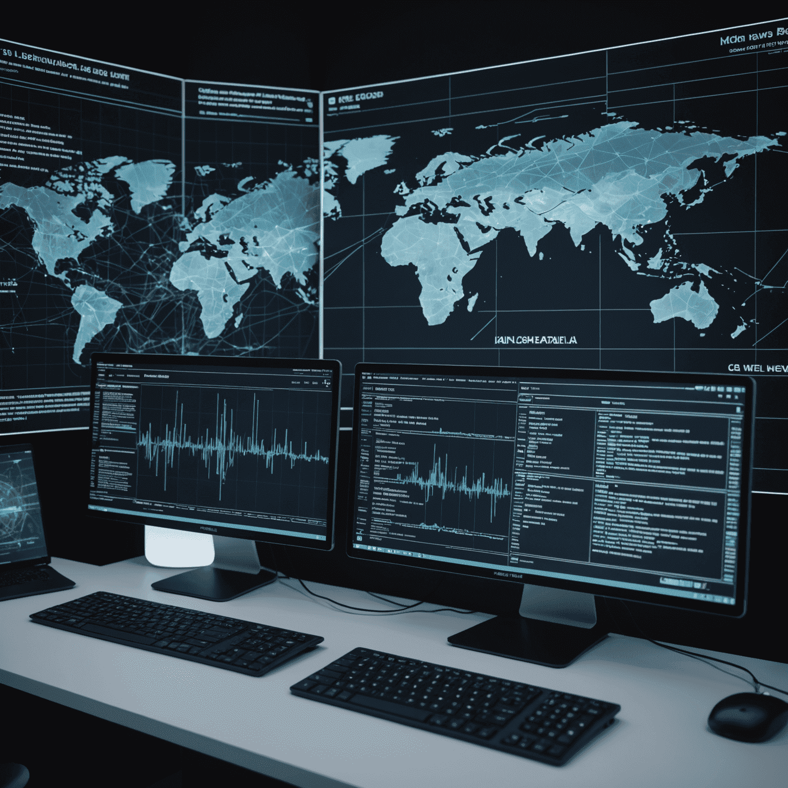 Image représentant des écrans d'ordinateur affichant des nouvelles sur l'IA, avec des graphiques holographiques et des lignes de code en arrière-plan