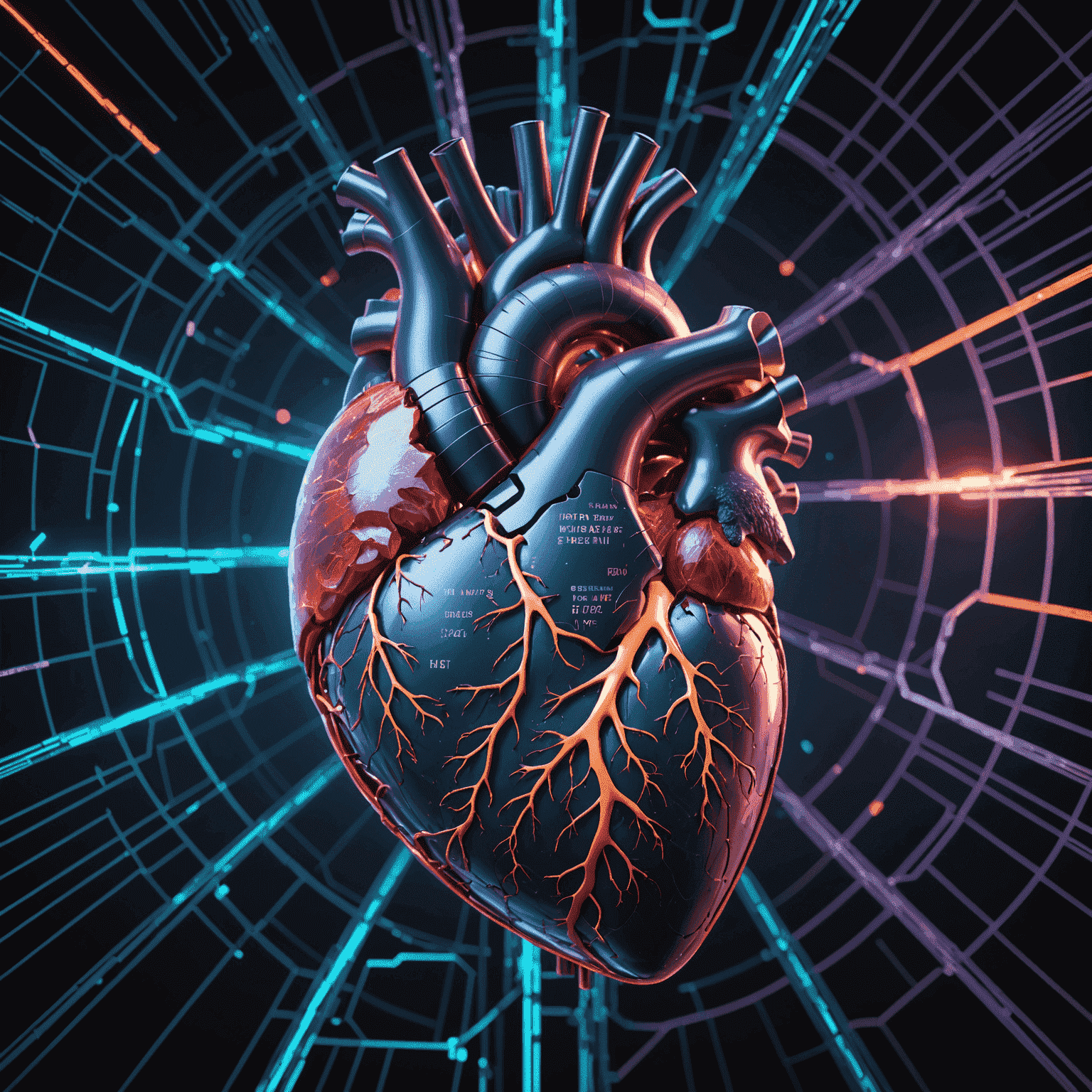 Image 3D abstraite représentant un cœur humain entouré de lignes de code et de données médicales holographiques