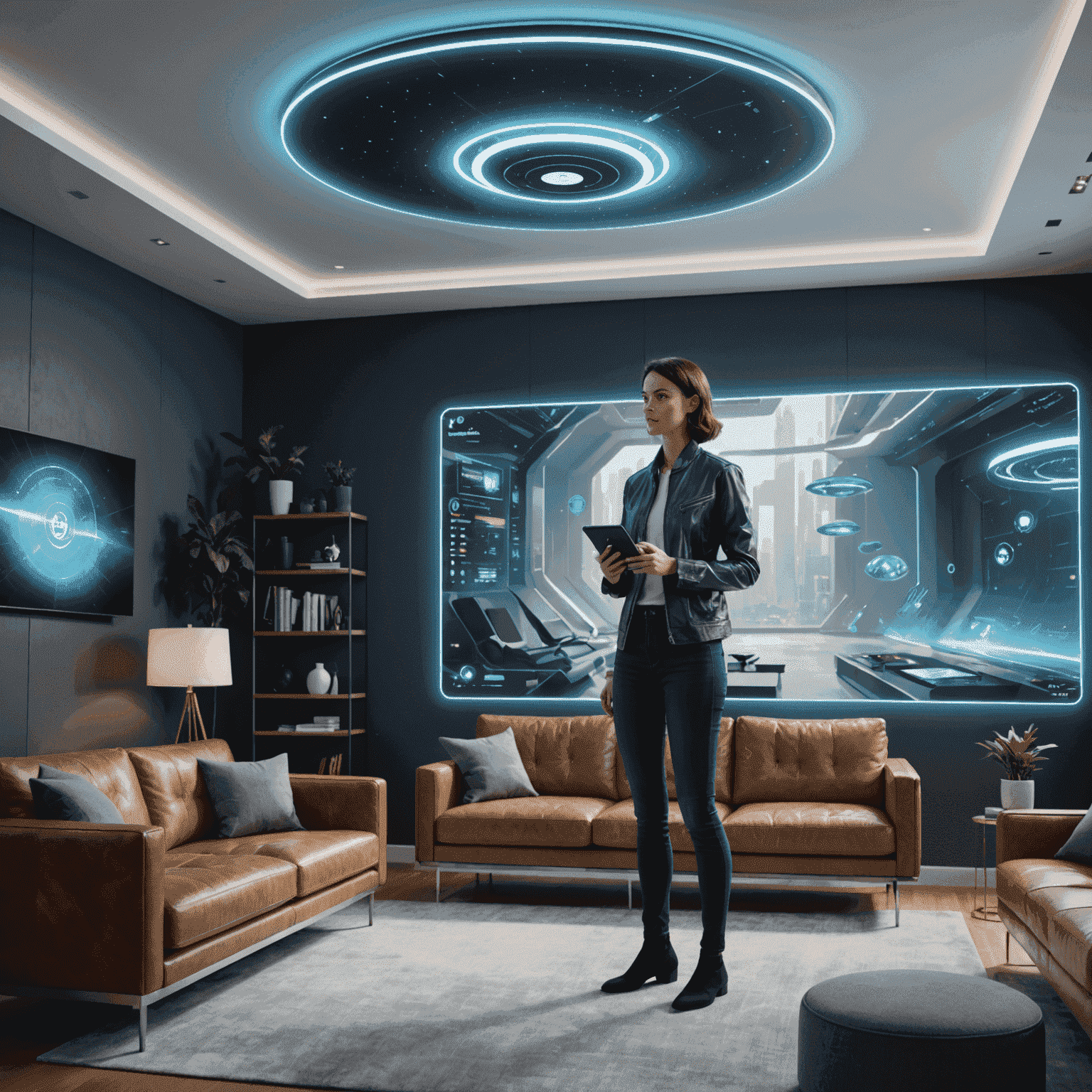 Un assistant virtuel holographique flottant au-dessus d'un salon futuriste, répondant à une question d'un utilisateur
