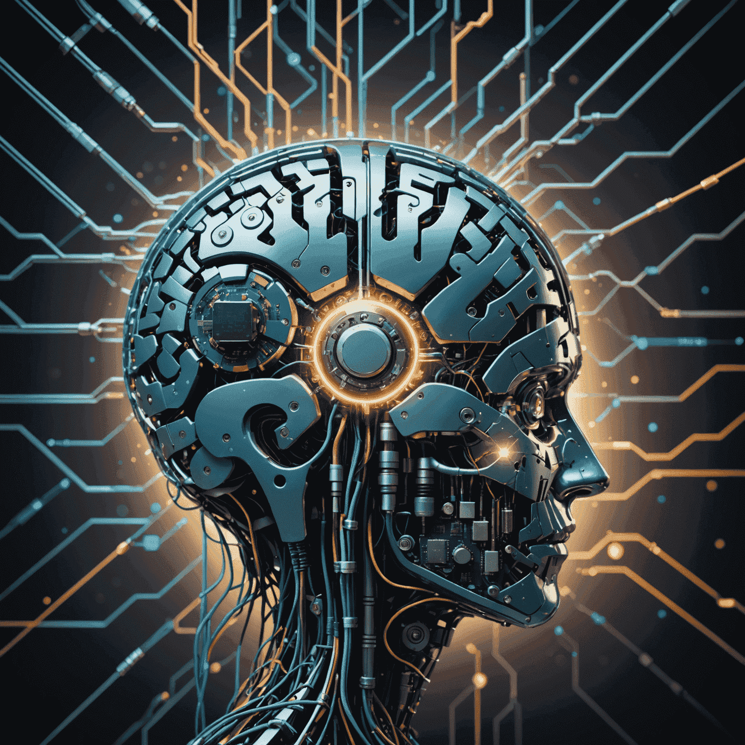 Illustration abstraite représentant l'éthique de l'IA : un cerveau humain connecté à des circuits électroniques, symbolisant l'interface homme-machine et les dilemmes éthiques