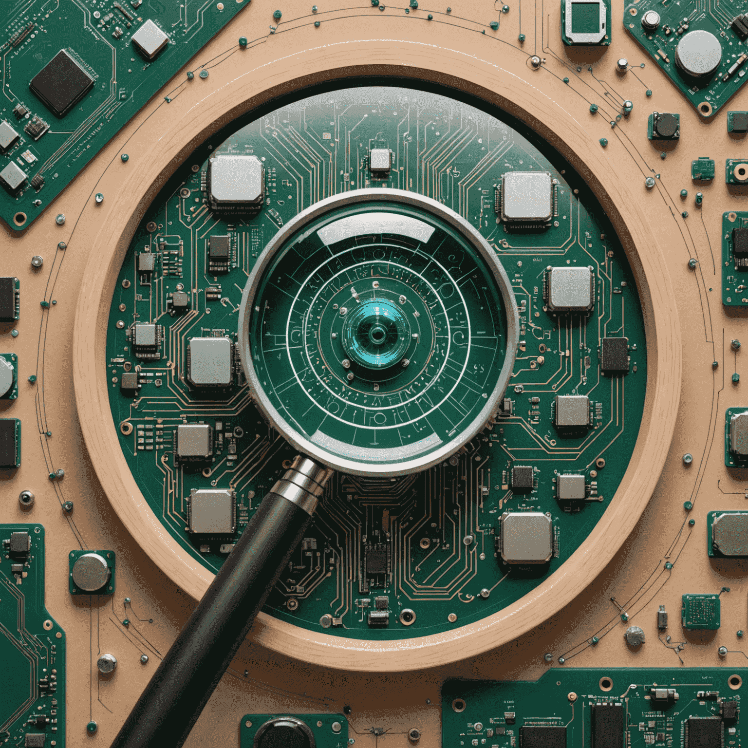 Image représentant les bases de la recherche en IA avec des icônes de loupe et de circuits électroniques