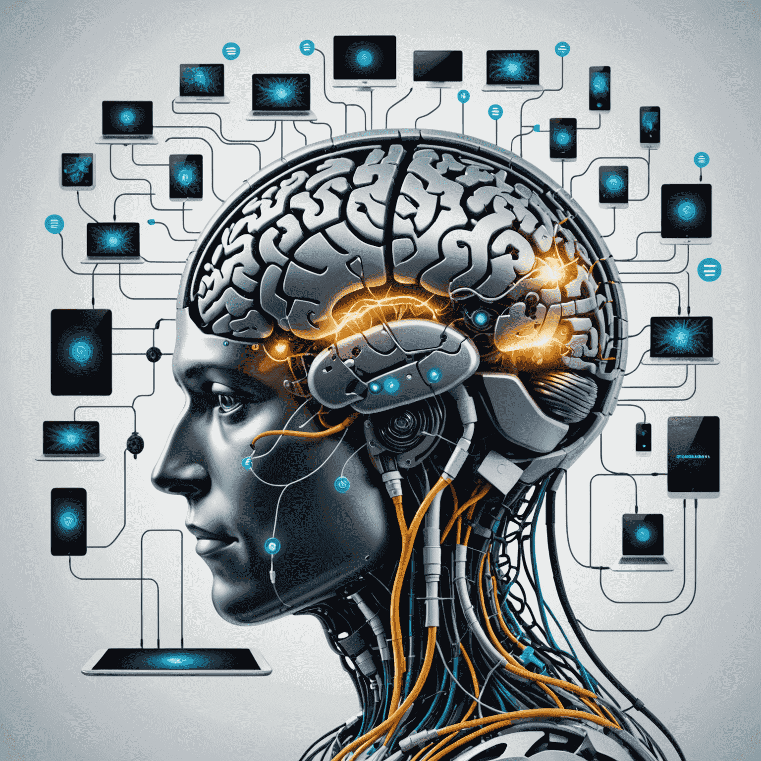 Illustration d'un cerveau numérique connecté à divers appareils, symbolisant la recherche IA et son intégration dans différentes technologies