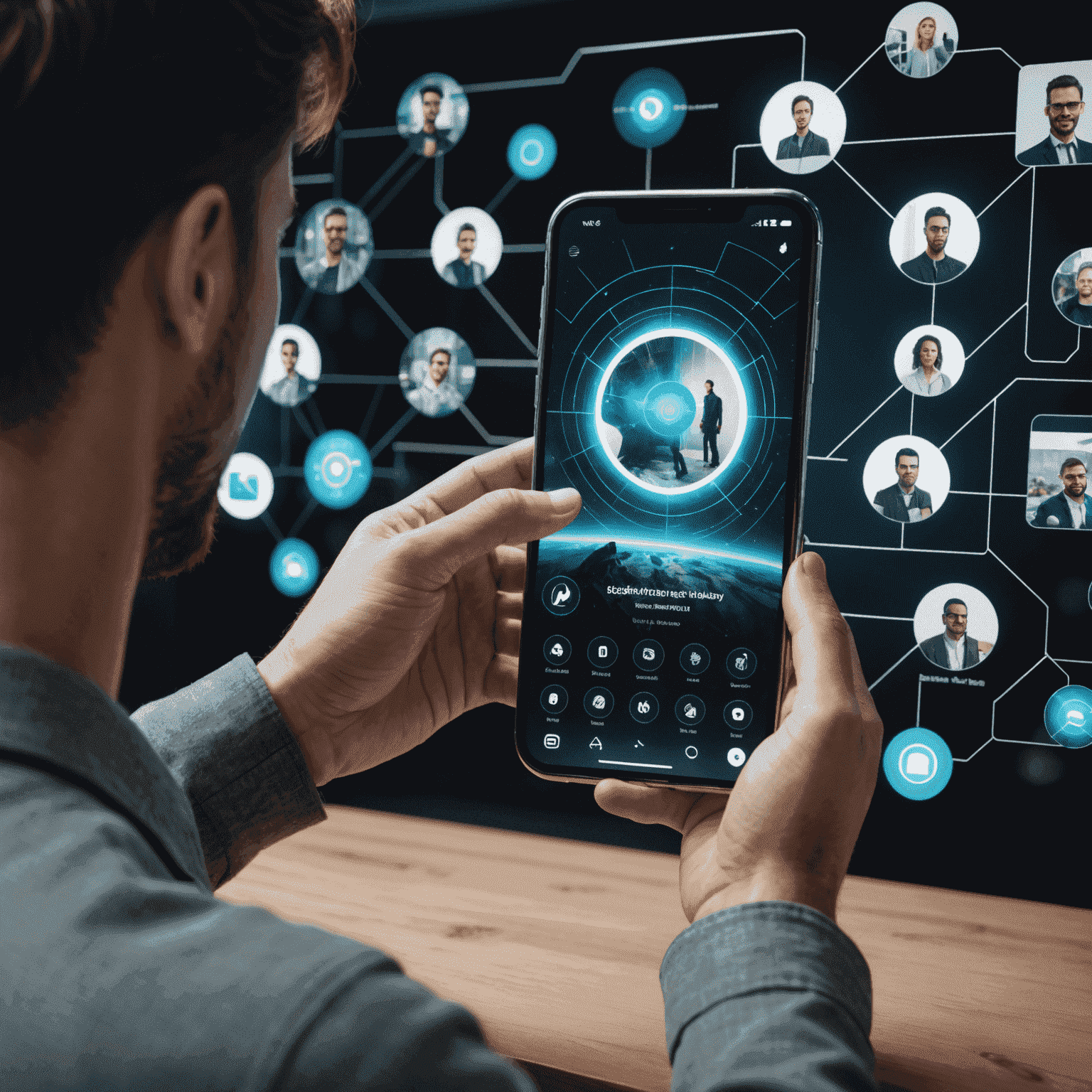 Interface futuriste de recherche visuelle avec des hologrammes d'images et de vidéos flottant autour d'un utilisateur interagissant via des gestes