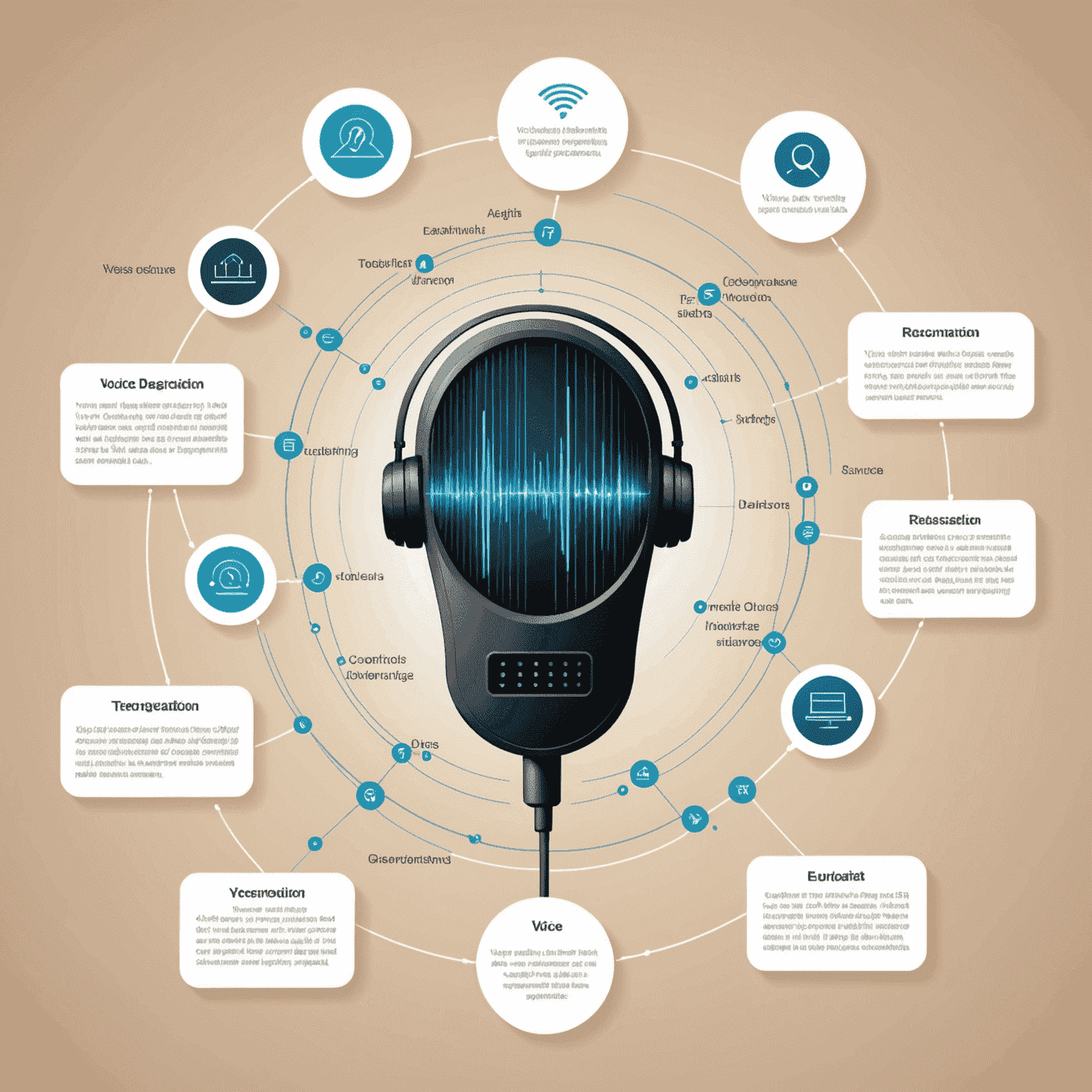 Diagramme montrant le processus de reconnaissance vocale, avec des ondes sonores converties en texte, puis en requêtes de recherche