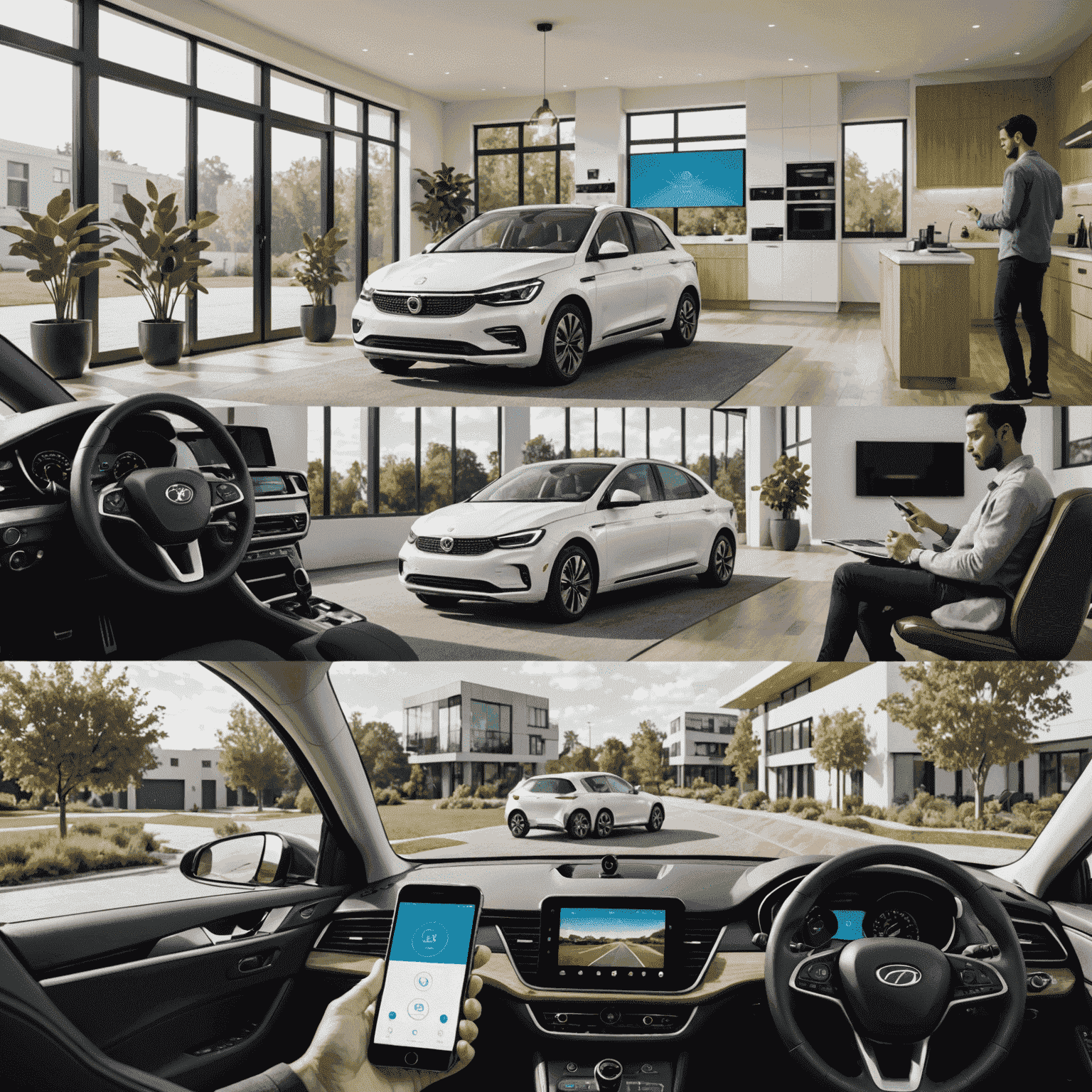 Collage d'images montrant l'IA dans la vie quotidienne : maison intelligente, voiture autonome, assistant virtuel sur smartphone