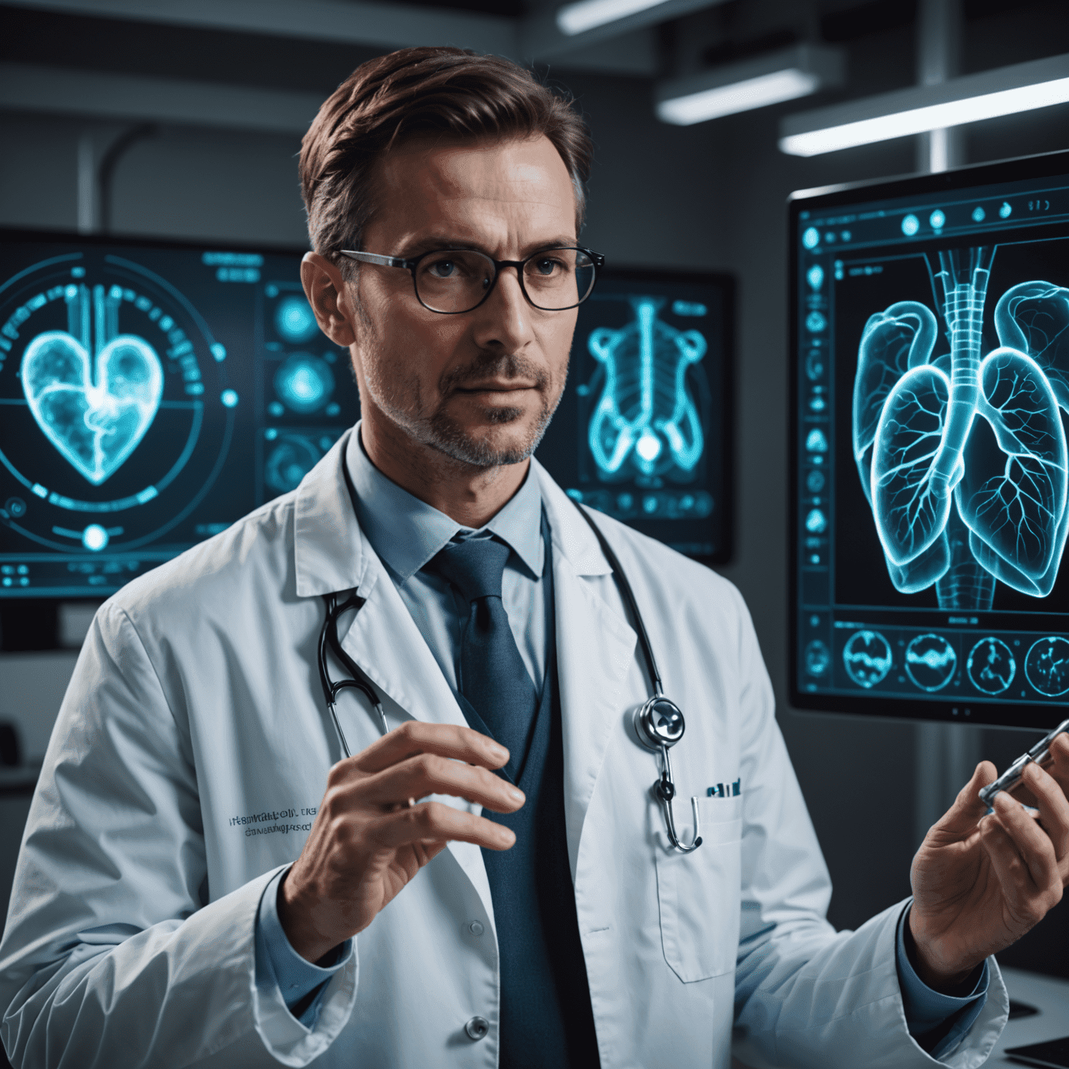 Visualisation futuriste d'un médecin utilisant une interface holographique pour analyser les résultats de CardioAI
