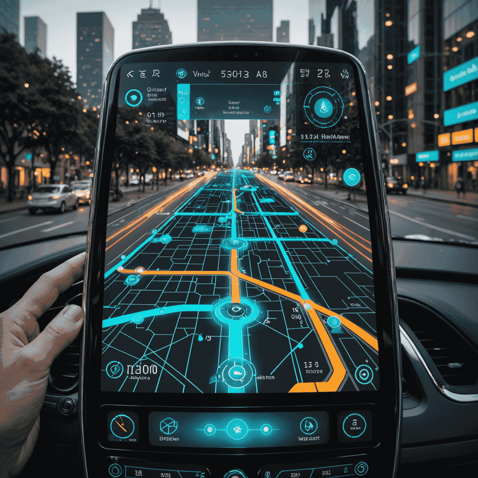 Une interface futuriste de navigation GPS avec des hologrammes 3D montrant différents itinéraires optimisés par IA