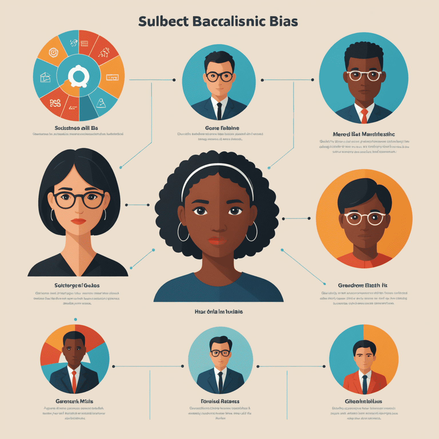 Infographie montrant différents types de biais dans l'IA : biais de genre, racial, et socio-économique, représentés par des icônes et des graphiques