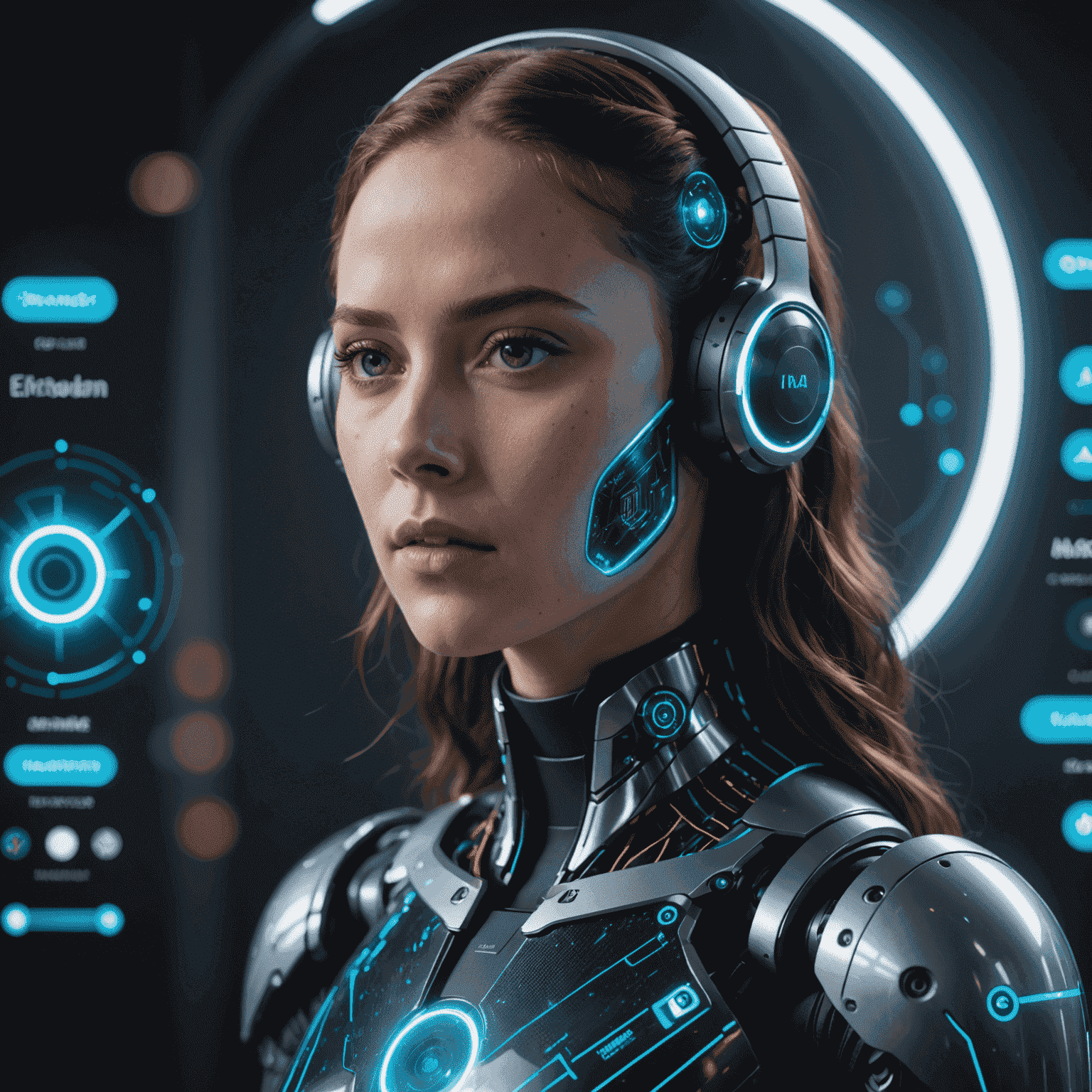 Futuriste représentation d'un assistant vocal IA avec des hologrammes et des interfaces de recherche avancées