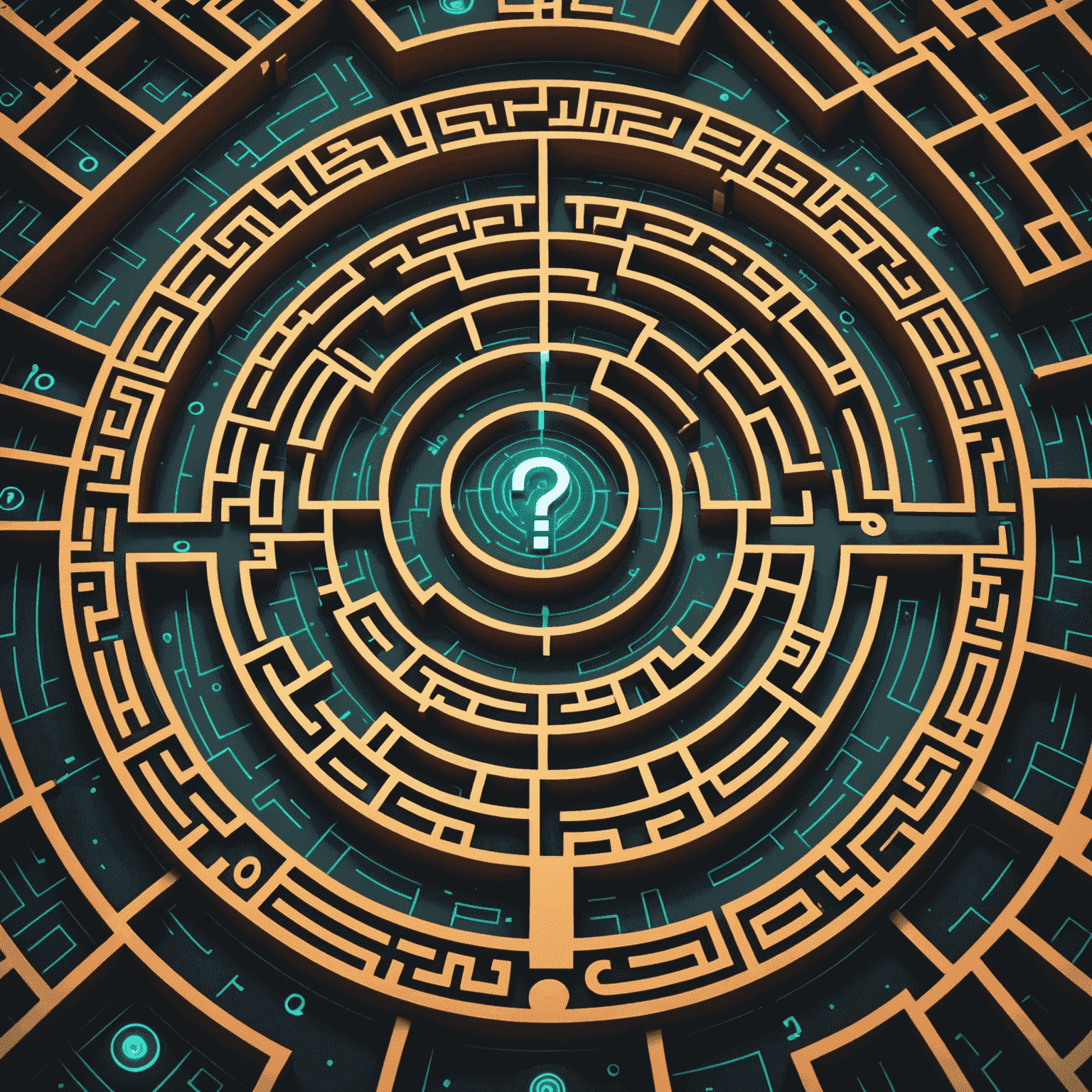 Image abstraite représentant un labyrinthe éthique avec des symboles d'IA et des points d'interrogation lumineux