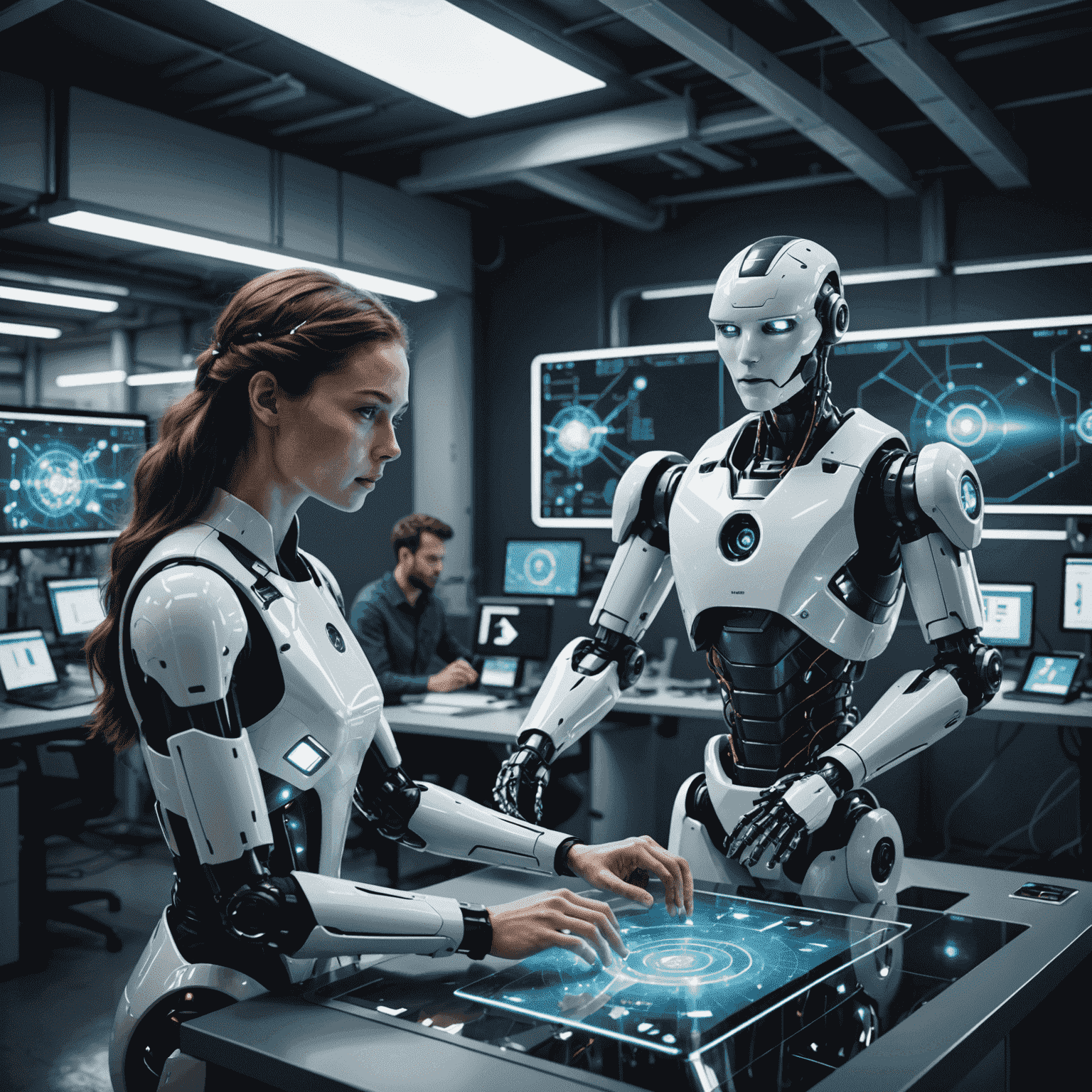 Illustration futuriste montrant une collaboration entre humains et robots dans un environnement de travail, avec des hologrammes de données et des interfaces de réalité augmentée